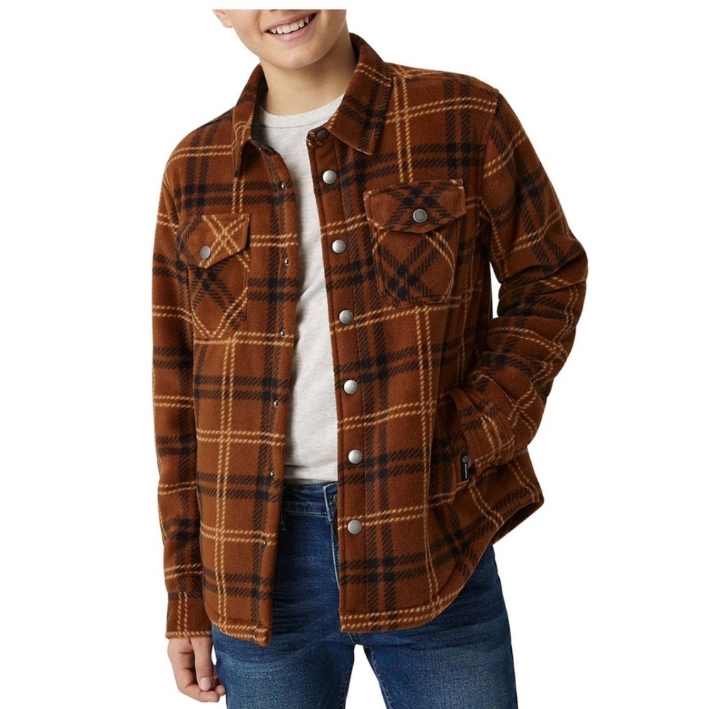 Weatherproof Kids Brown Plaid Sherpa Lined Fleece Shirt Jacket Shacket Sz 10/12